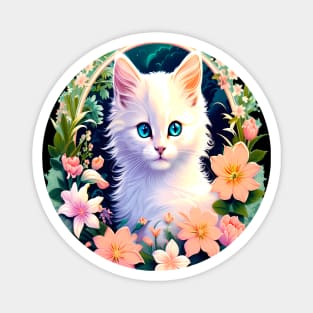 Beautiful White Kitten Surrounded by Spring Flowers Magnet